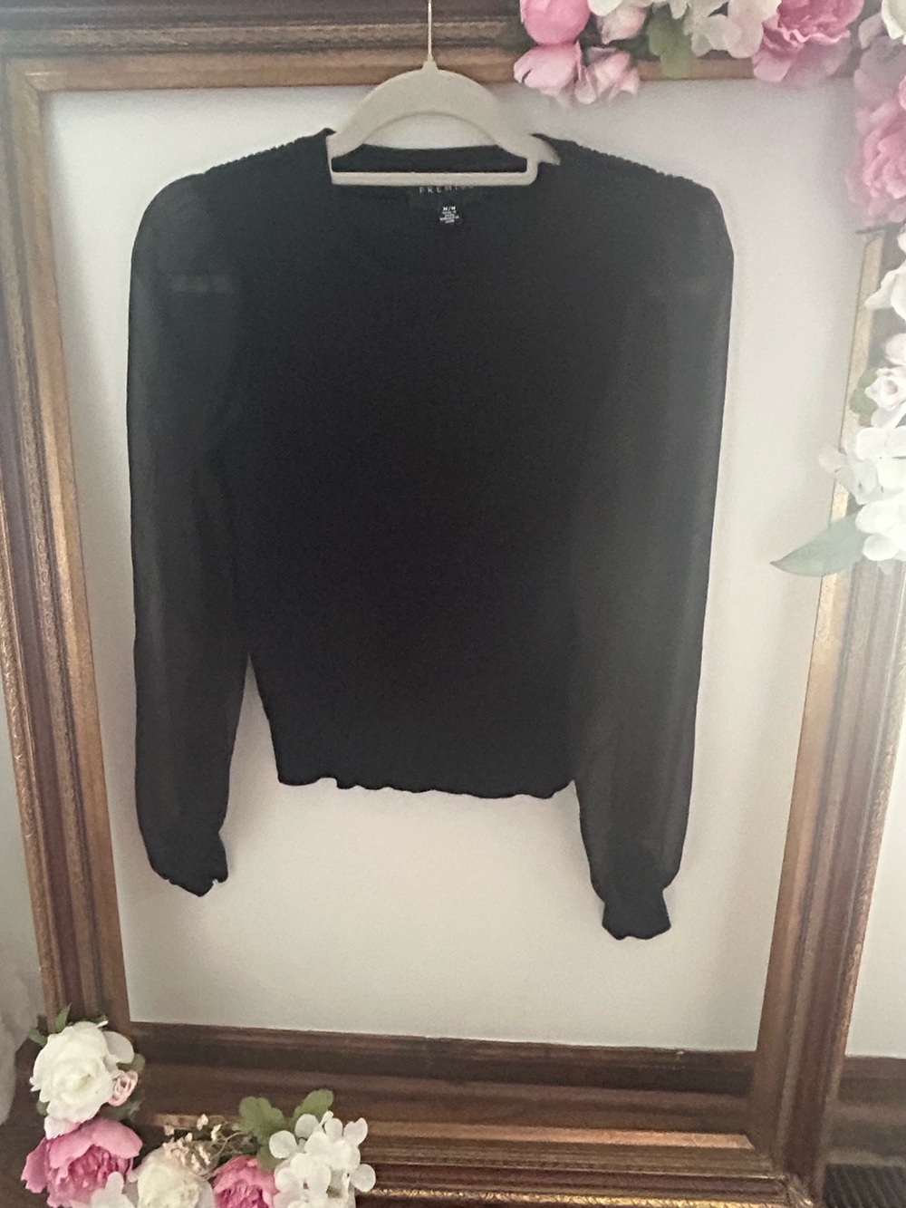 Premise Black Long Sleeve Sheer-Sleeve Crewneck Top